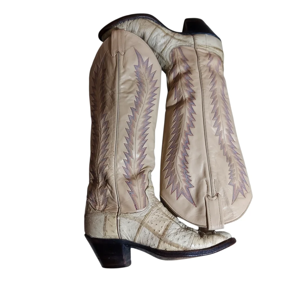 Vintage Larry Mahan Ivory Western Cowboy Boots Ostrich Print Tall USA - Picture 9 of 16